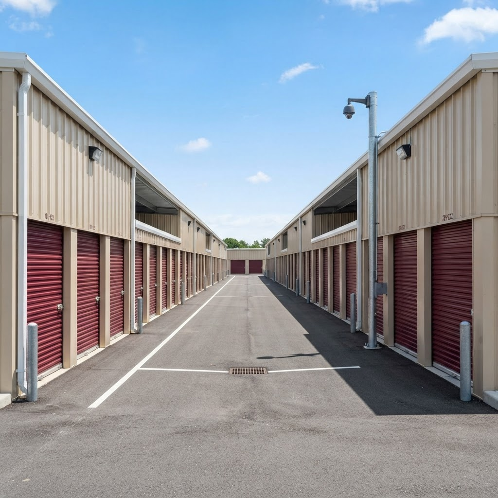A clean lane of drive-up storage units with maroon roll-up doors