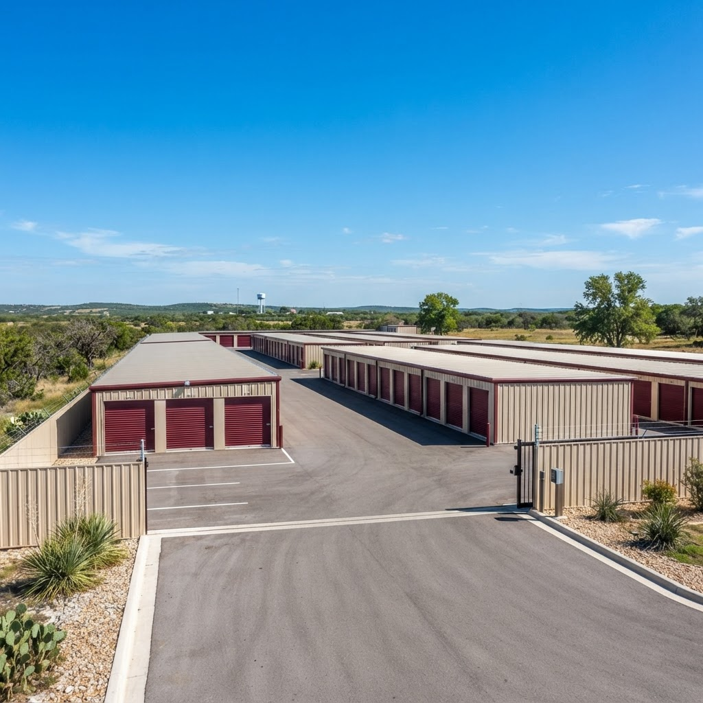 Rows of drive-up storage units with maroon doors at Snoga's Self Storage